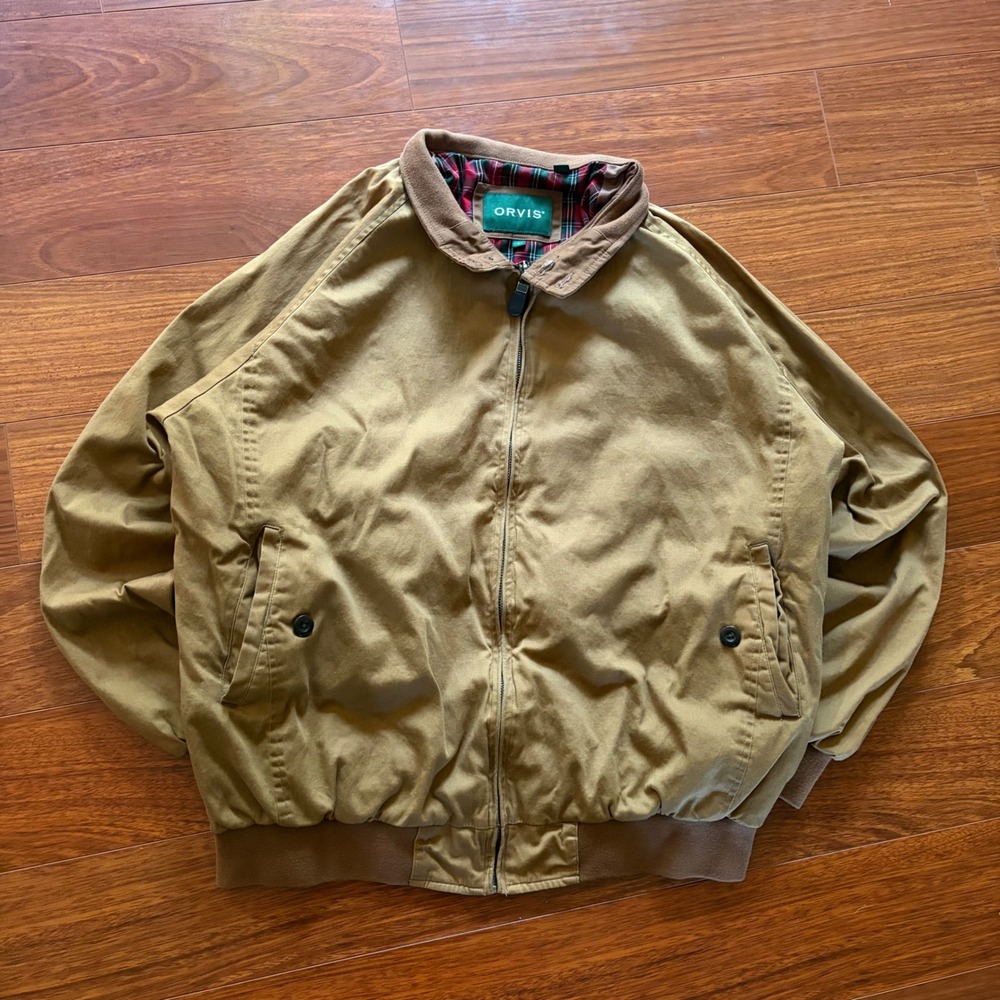 Orvis Vintage Harrington Bomber Jacket Brown Plaid Lined Full Zip Cotton Coat L